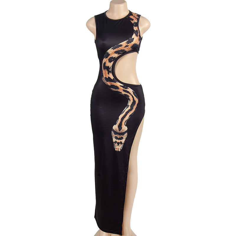 Summer Round Neck Sleeveless Snake Print Hollow Split Long Dress 6