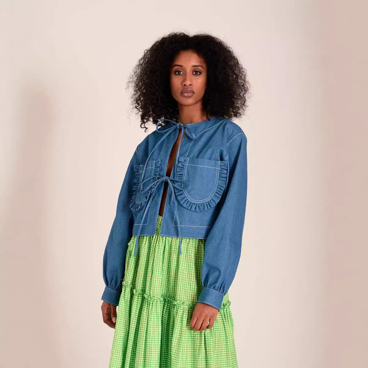 Women's Autumn and Winter high Street Trend Lace-up Long Sleeve Loose Denim Top 5