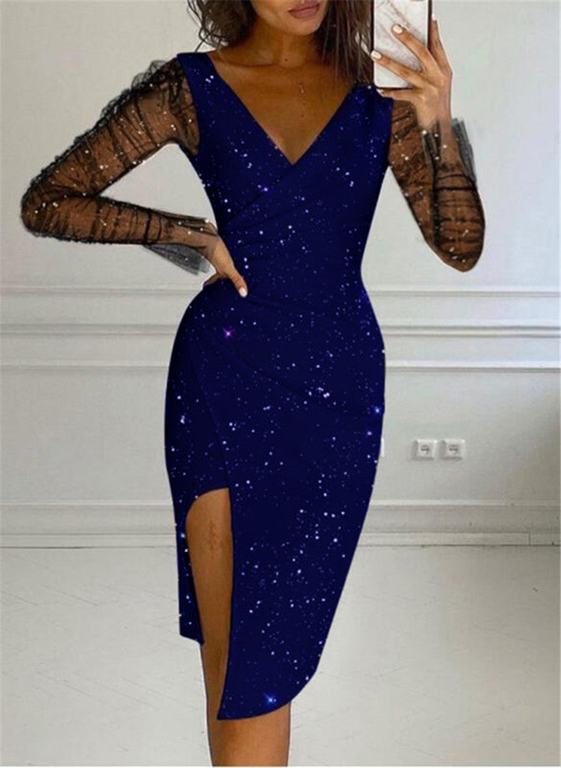 Autumn And Winter Women Clothes Sequin V-Neck Bodycon Sexy Mesh Dress