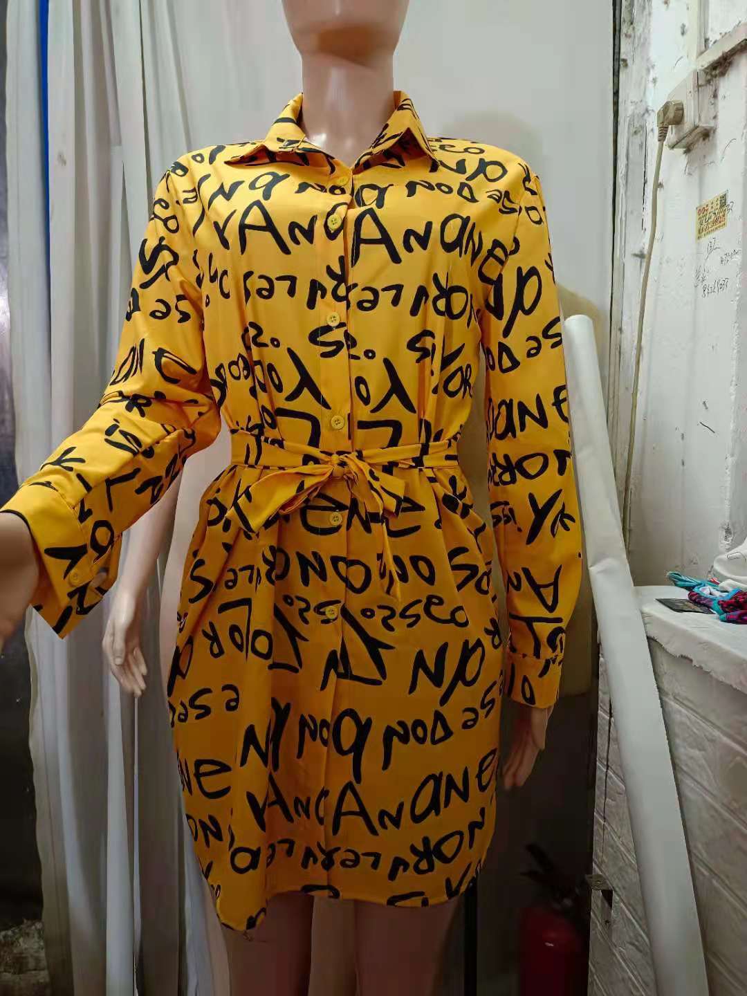 Fall Women's Chic Print Cardigan Turndown Collar Loose Shirt Dress 12