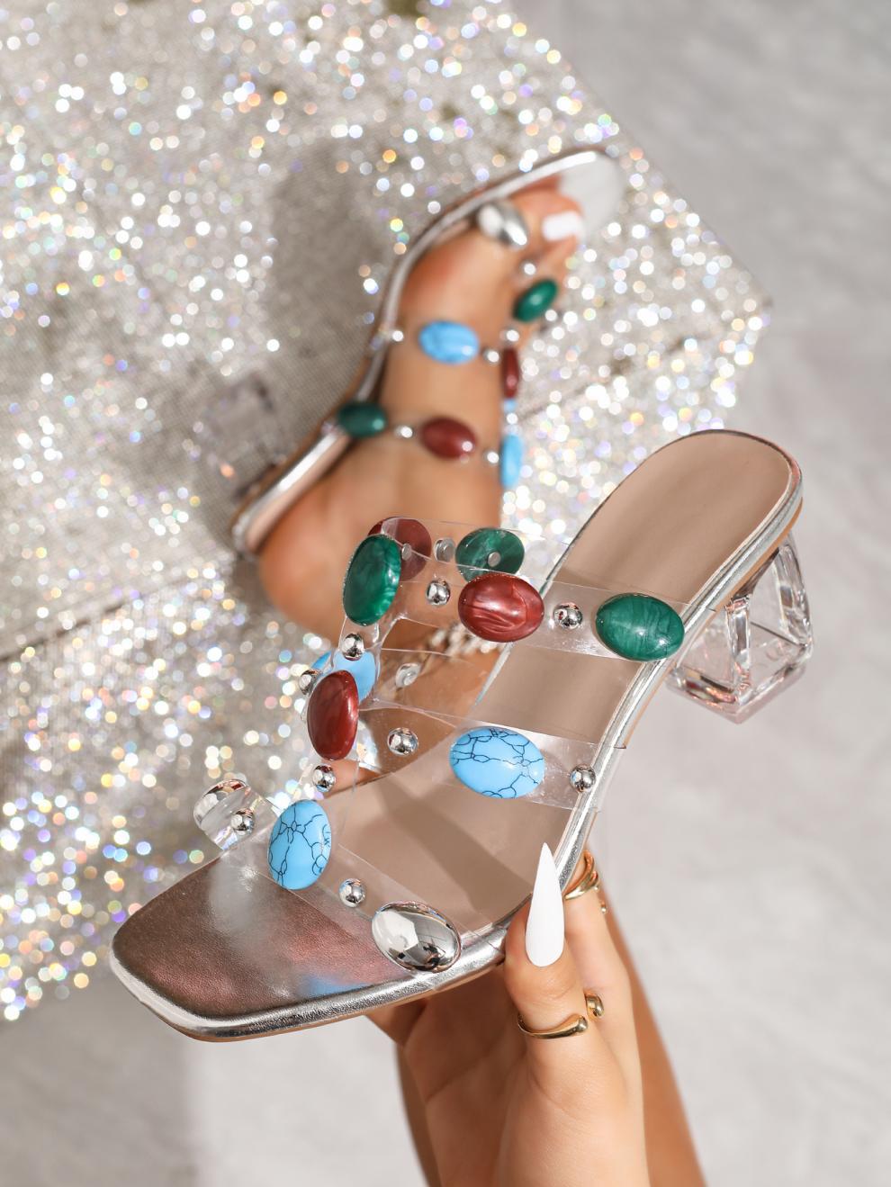 Women transparent crystal heel outdoor sandals