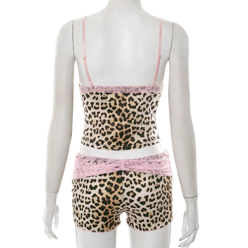 Leopard Print Patchwork Lace Bowknot Strap Top Contrast Color Shorts Two-Piece Set 6