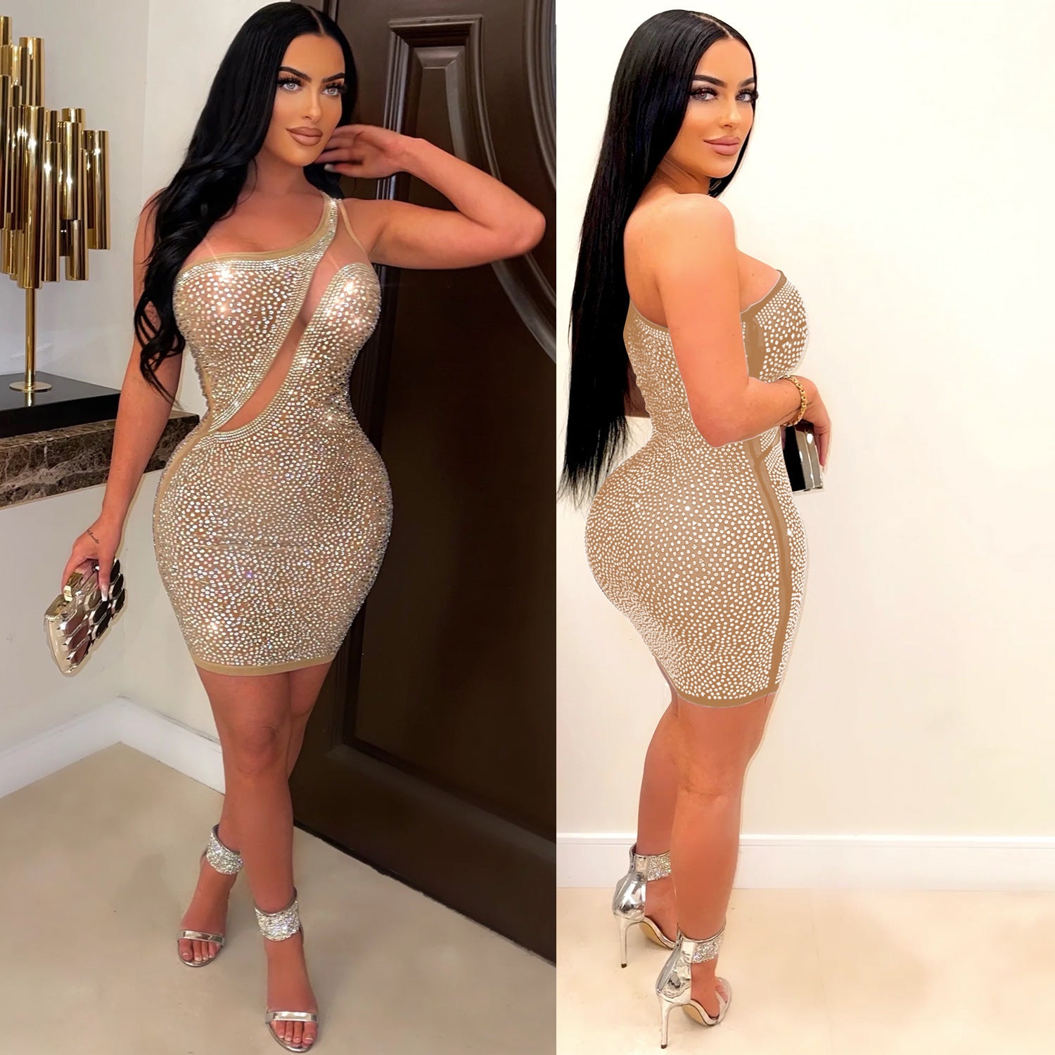 Women's sexy mesh beaded see-through nightclub dress 3