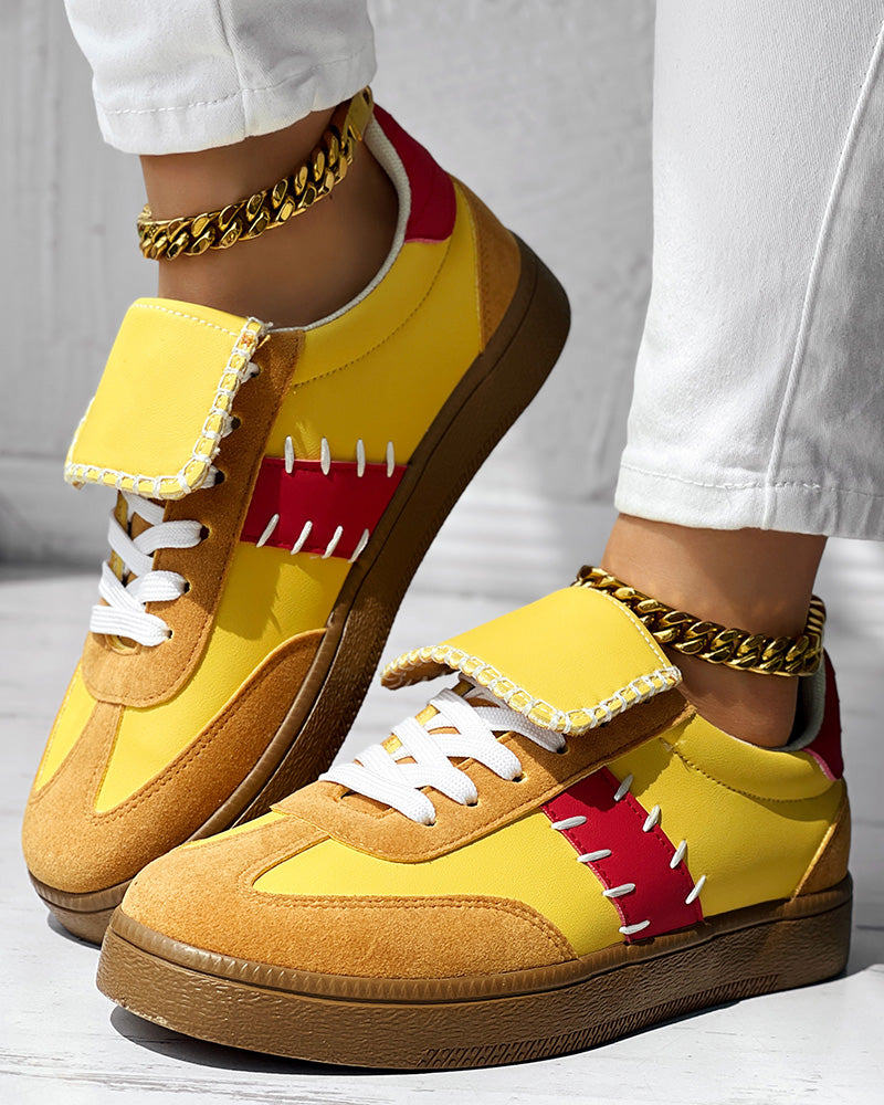 Women Two-Color Patchwork Tongue Round Toe Sneakers 5