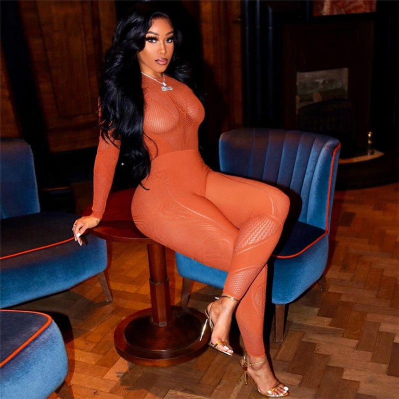 Summer Women's Sexy Hollow Jacquard Knitting High Waist Tight Fitting Jumpsuit 5