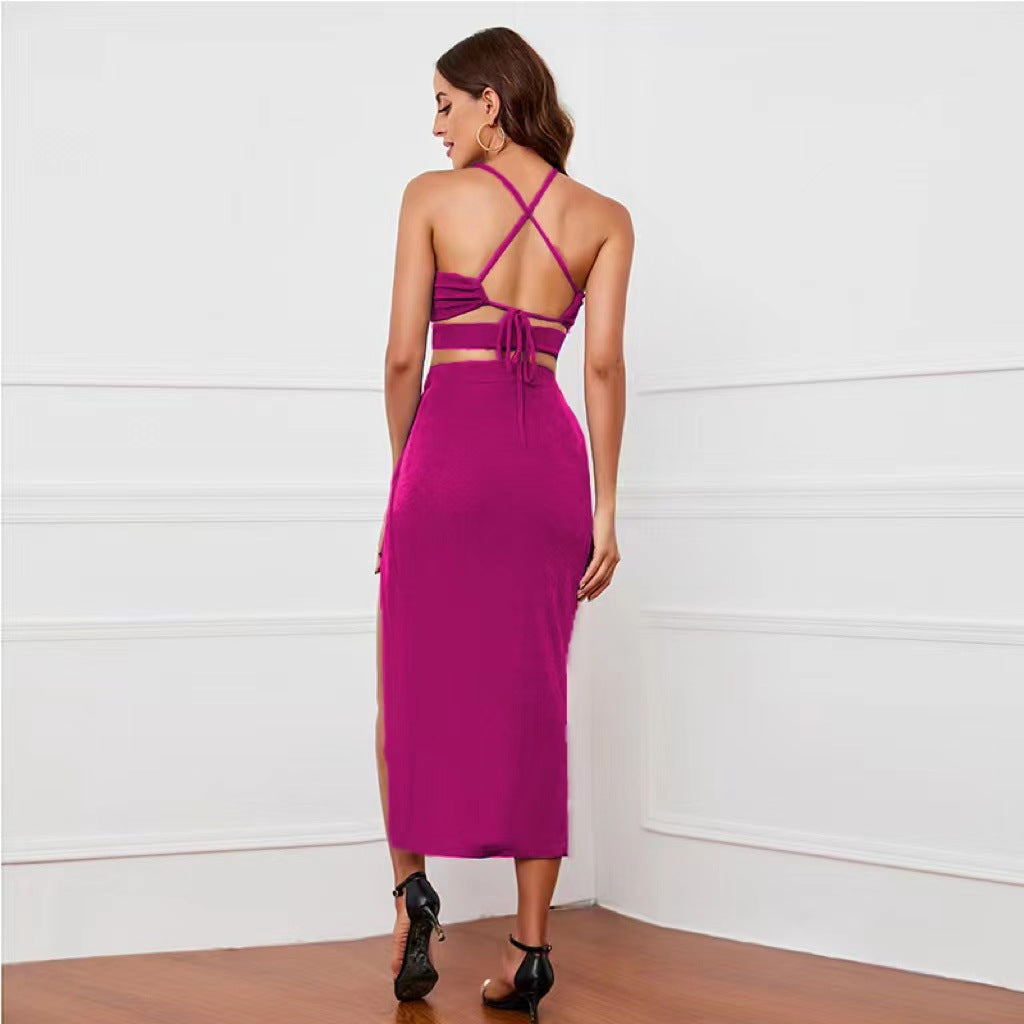 Women Lace-Up Backless Suspender Top and Slit Long Skirt two-piece set 27
