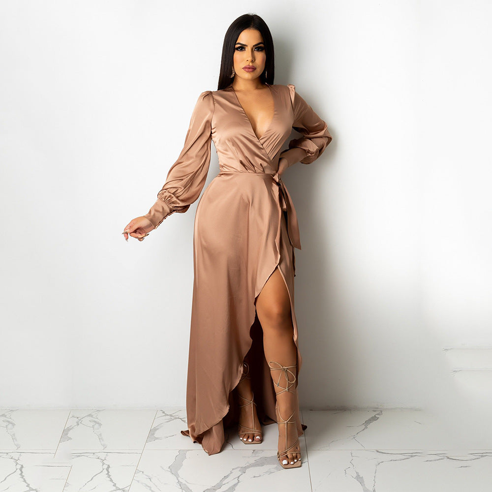 Women's Fashionable And Sexy V-Neck Solid Color Satin Lace-Up Irregular Long Dress