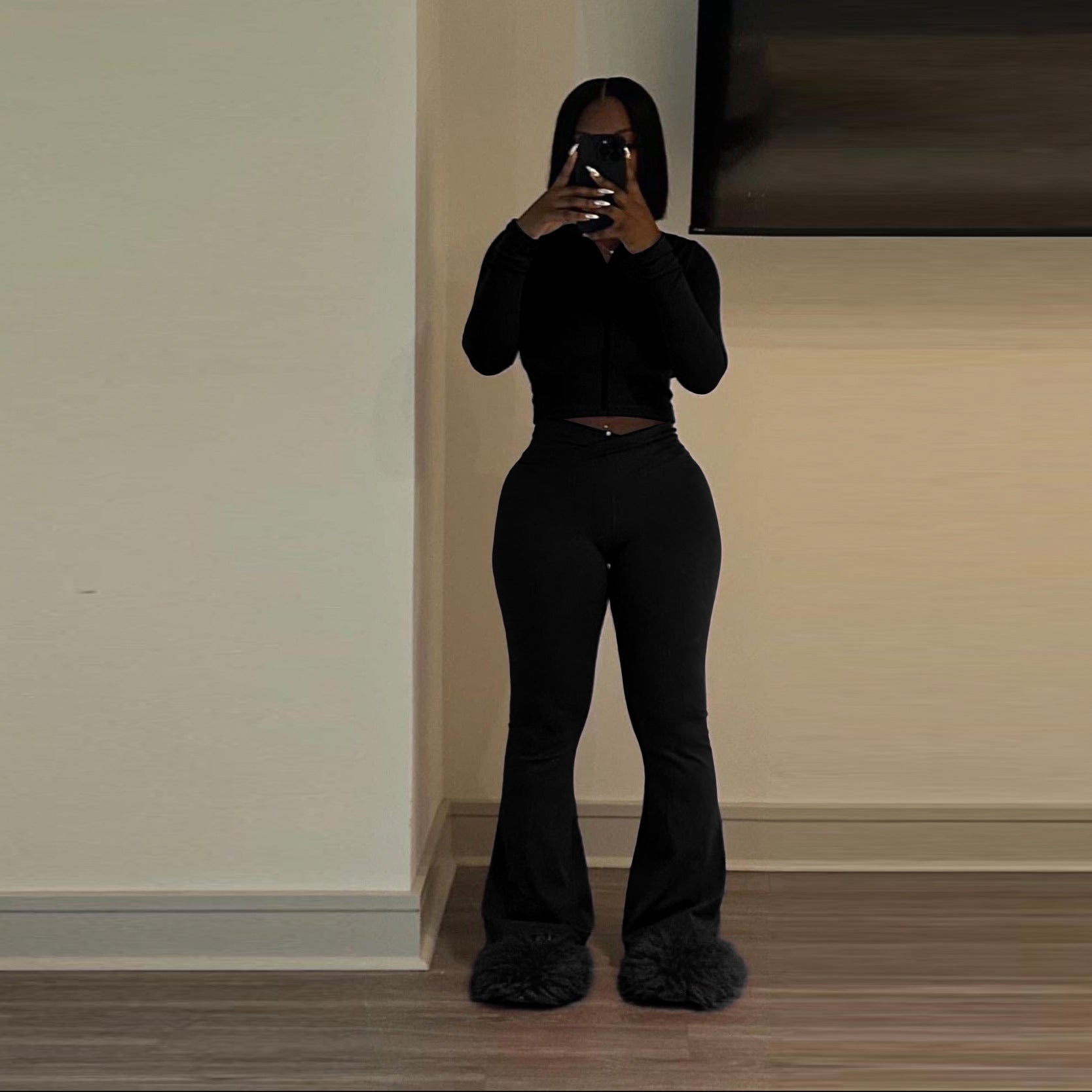 Women Solid Stretch long sleeve Top and Pant two-piece set 4