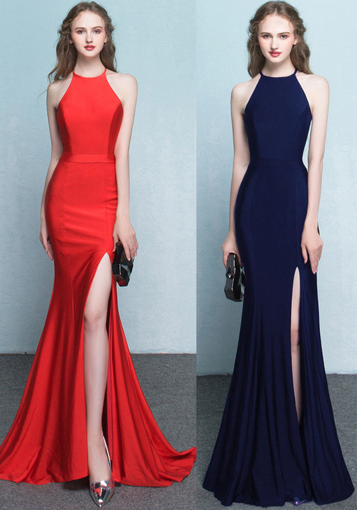 Plain Solid Halter Slit Mermaid Evening Dress
