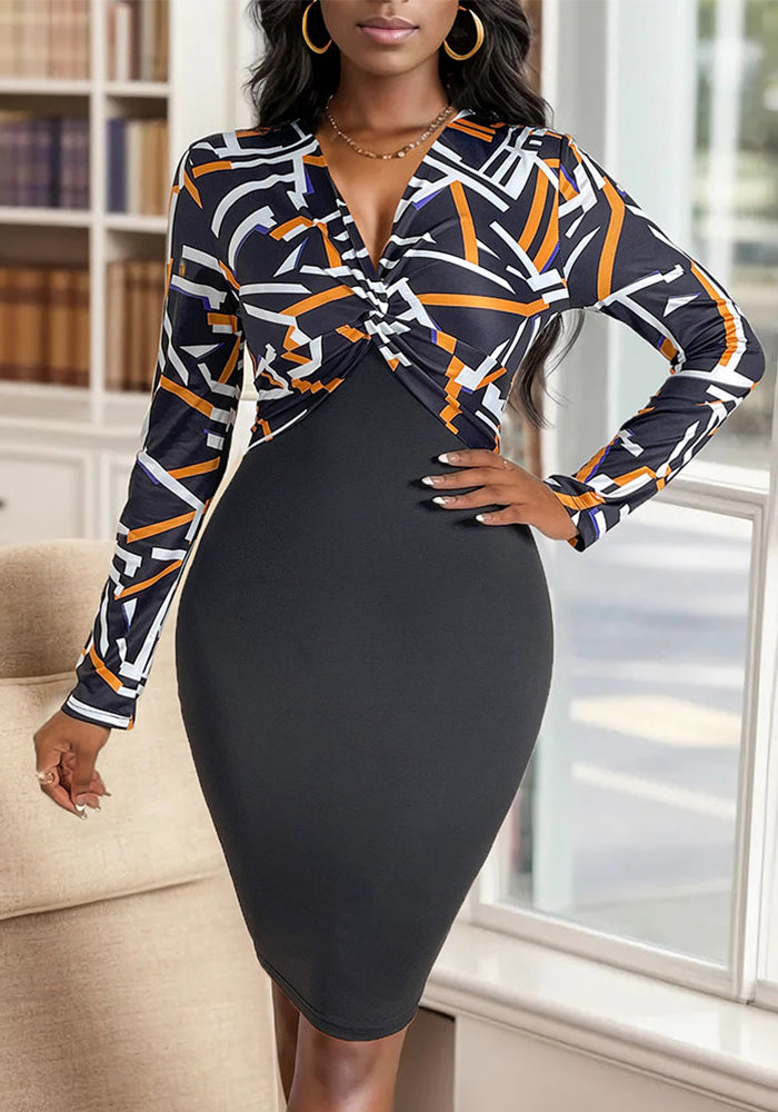 Women autumn Knot V-neck printed long-sleeved Bodycon dress