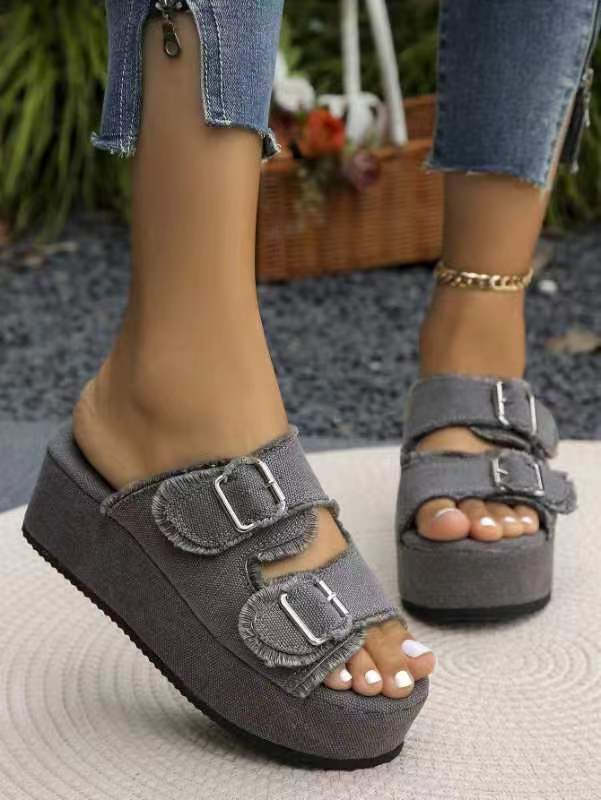 Plus Size Denim Belt Buckle One-Step Sandals Women's Summer Outdoor Wear Thick-Soled Slippers 4