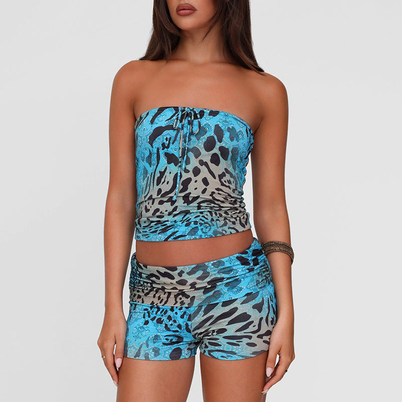 Women Summer Trend Strapless Print Top and Shorts Two Piece Set