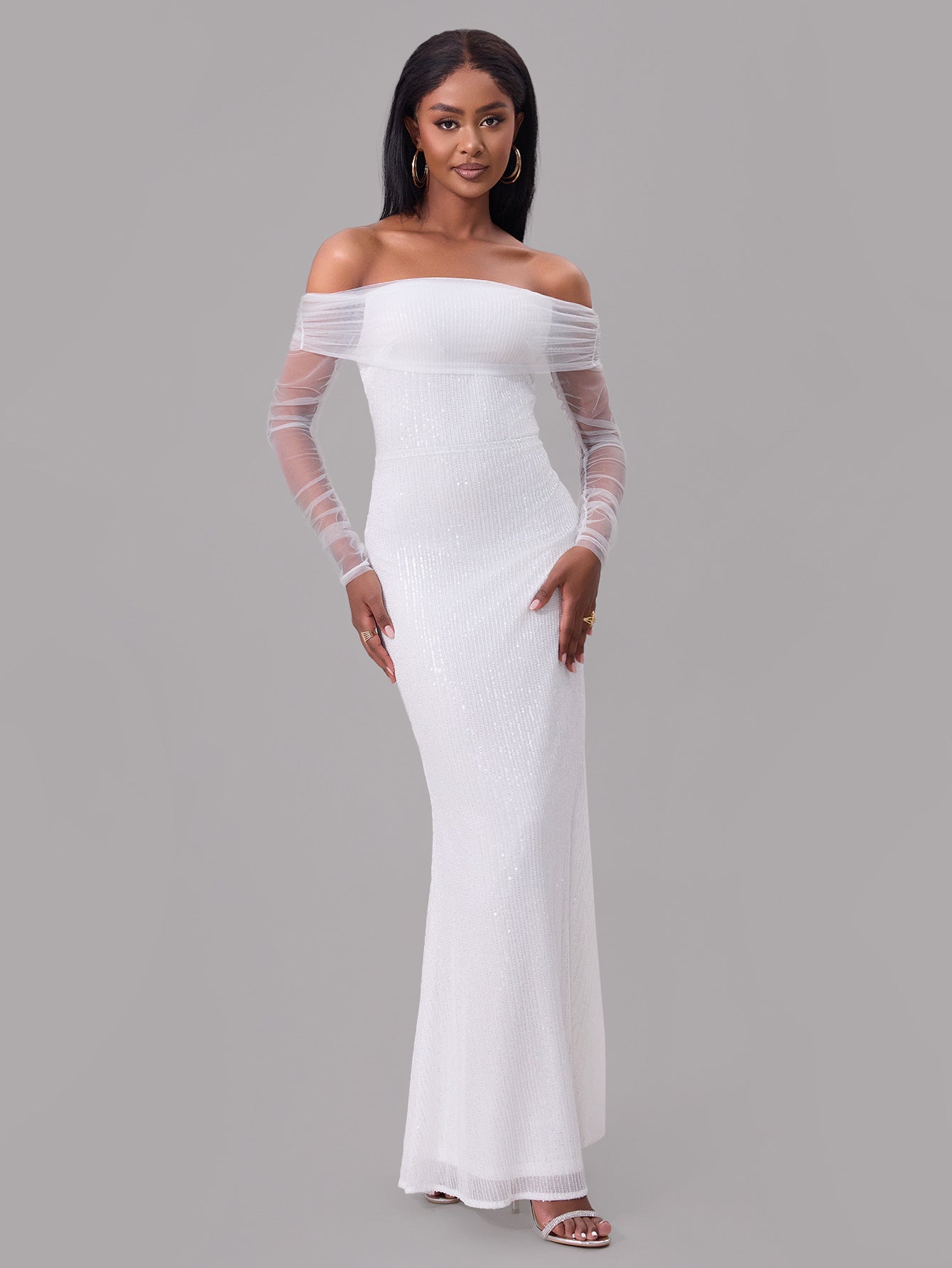Spring women's chic sexy off shoulder mesh see-through long dress women wedding gown
