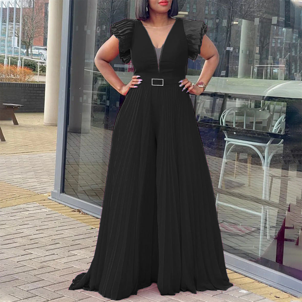 Belted Plus Size Women'smesh See-Through Sexy Pleated Wide Leg Slim Waist Jumpsuit 6