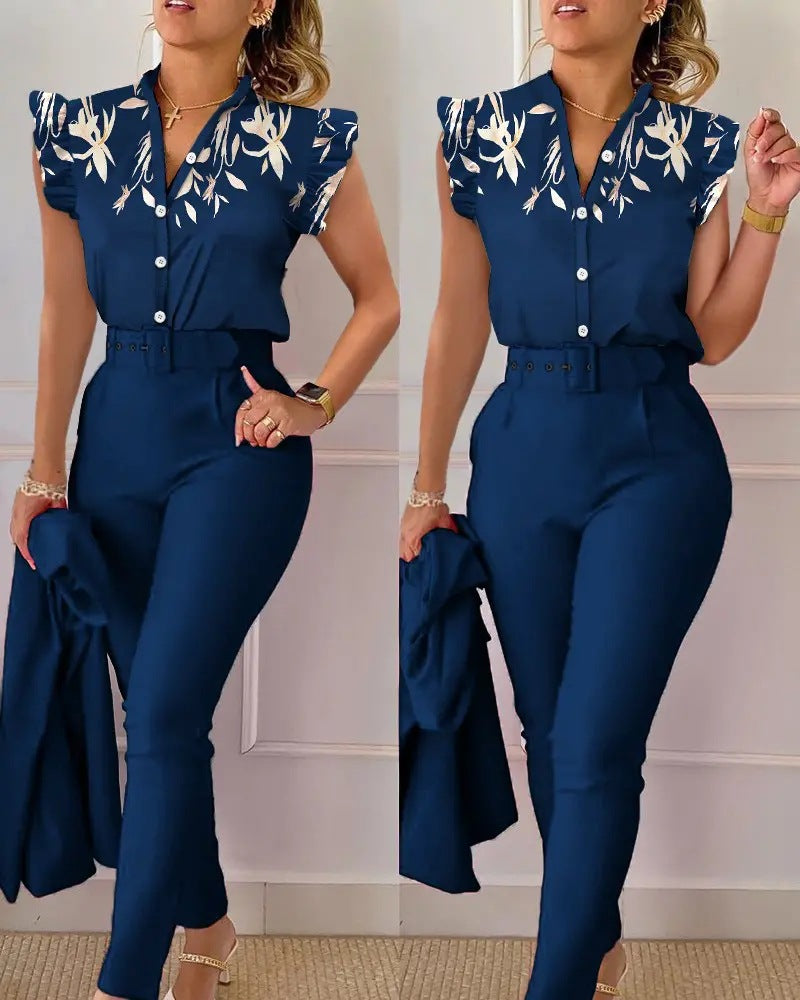 Stylish Printed Ruffle Sleeve Top Solid Color Pants Two Piece Set With Belt 25