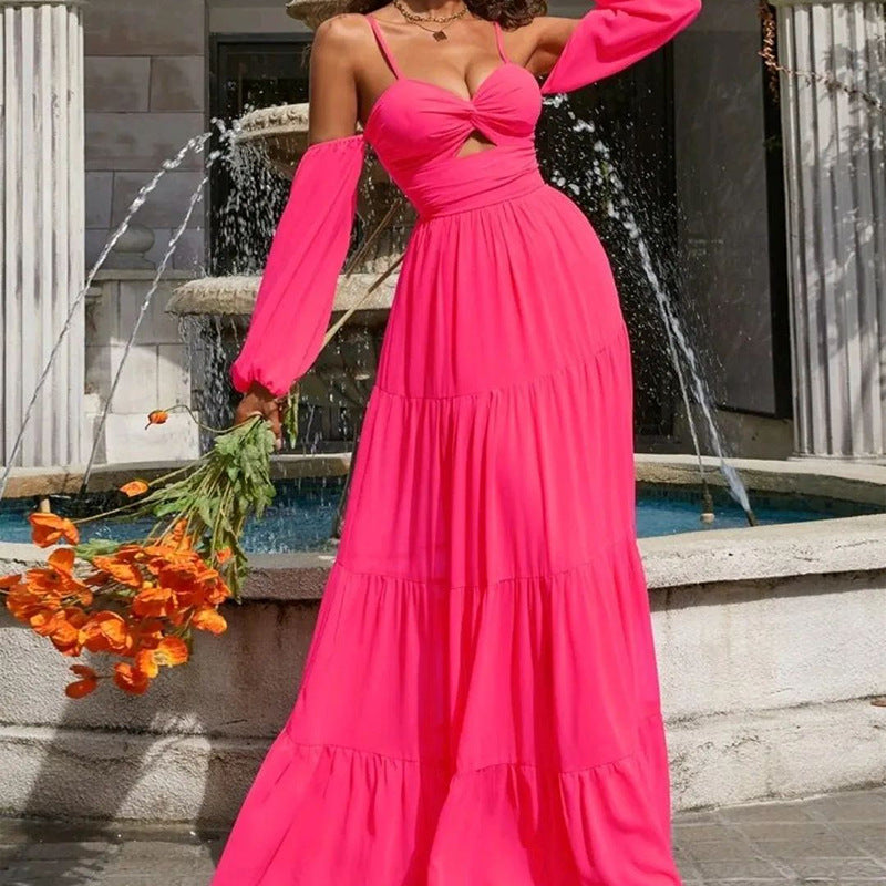 Spring Women's Fashion Sexy Solid Color Long Sleeve Strap Maxi Dress 4