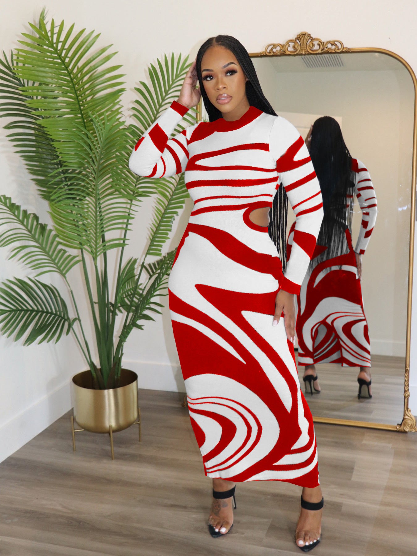 Women's Winter Sexy Slim Contrast Color Fashionable Round Neck Open Waist Slim Dress