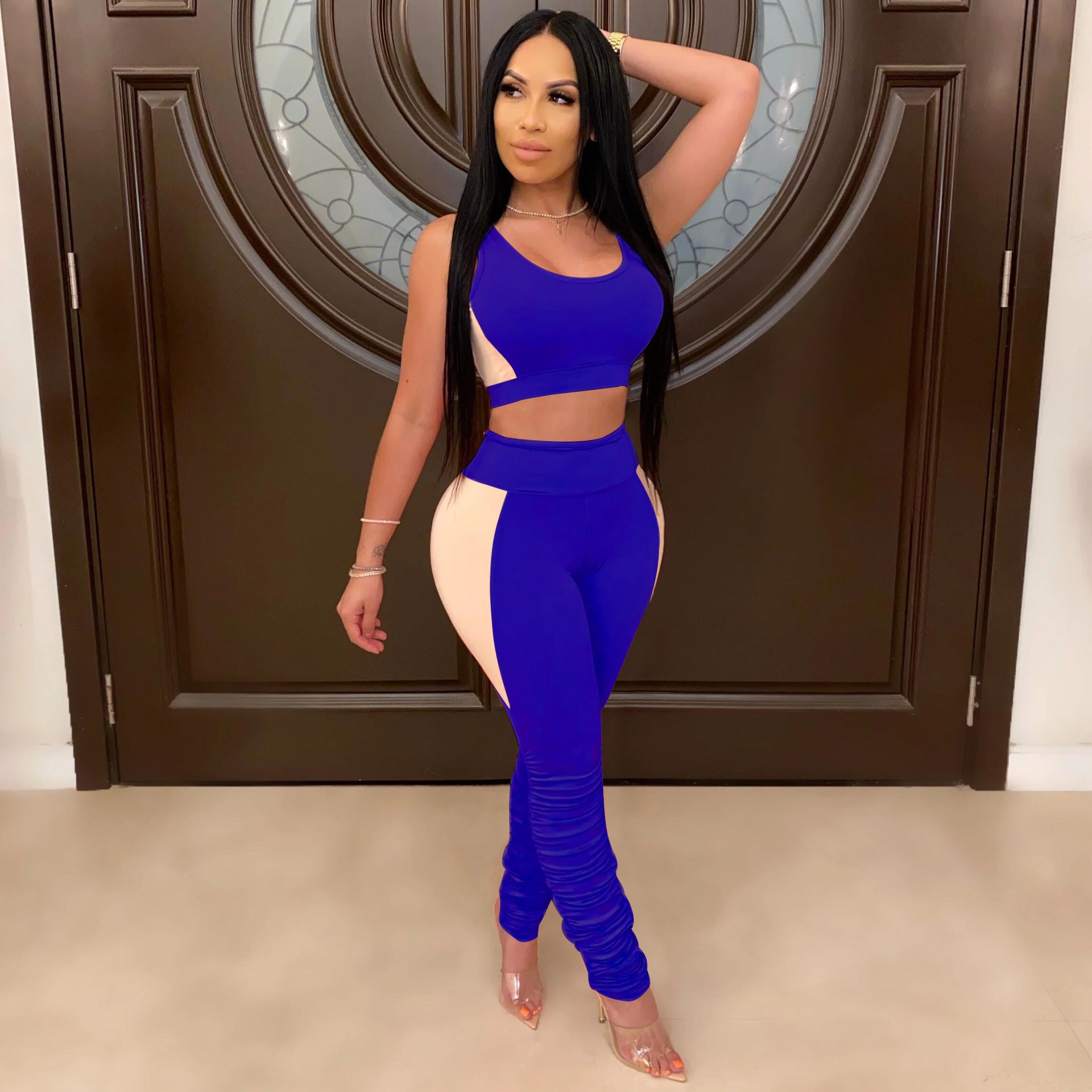 Women Sexy Solid Patchwork Gathered Sports Top and Pant Two-piece Set 10