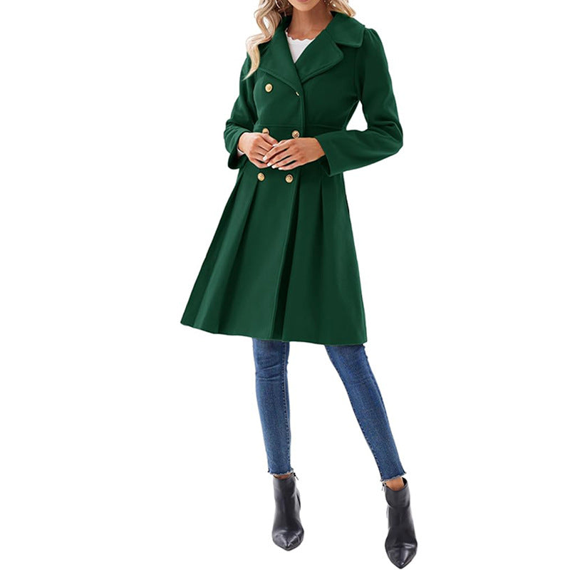 Women Fall and Winter Turndown Collar Double-Breasted Pocket Windbreaker 68