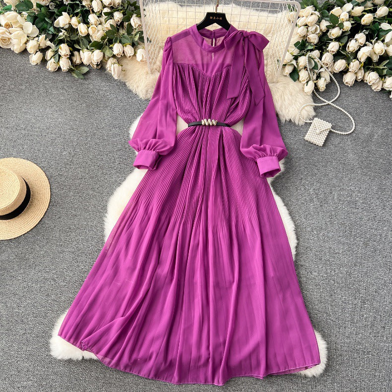 Spring Women's Bow Pleated Chiffon Puff Sleeve Long Dress 37