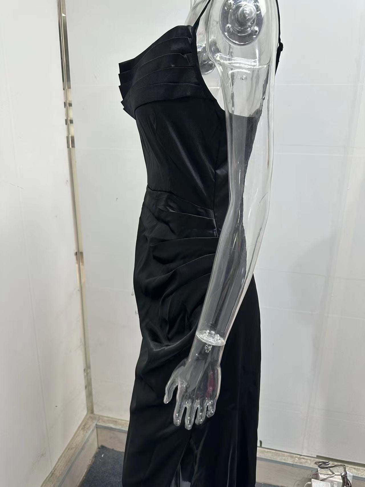 Spring Strapless Gathered Slit Satin Dress Sexy Slim Bodycon Dress 24