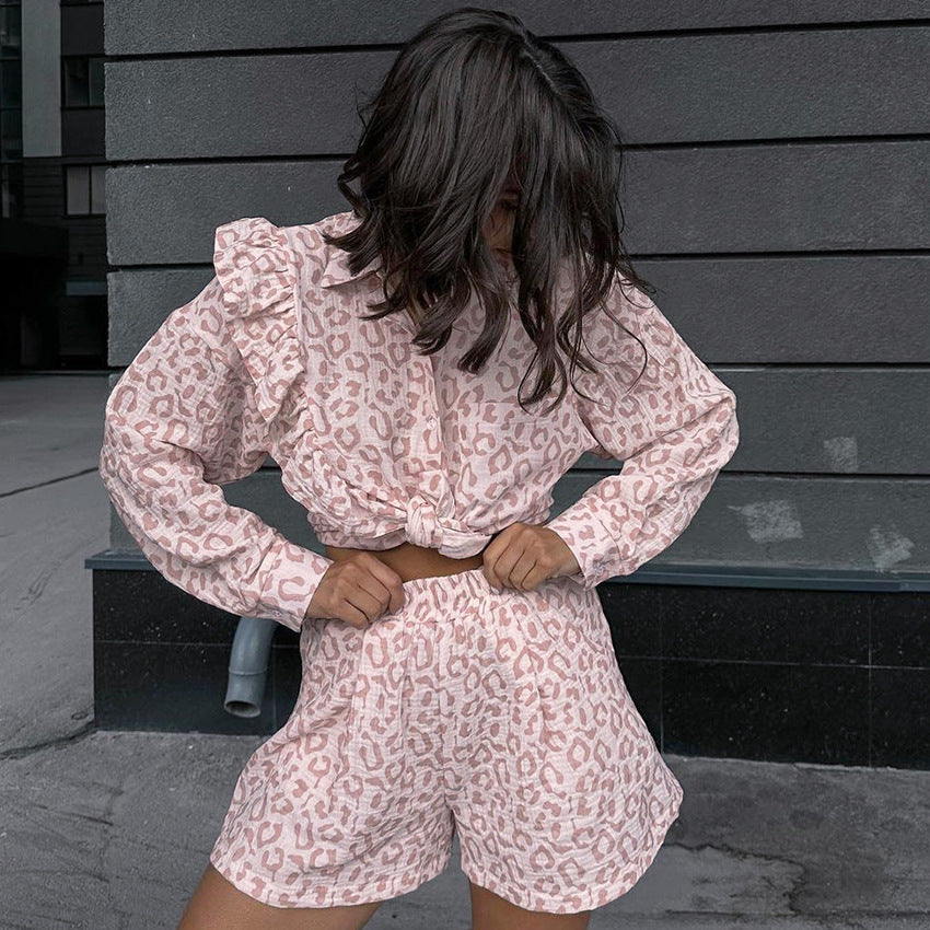 pink leopard print fashion long-sleeved shrit shorts two piece set 4