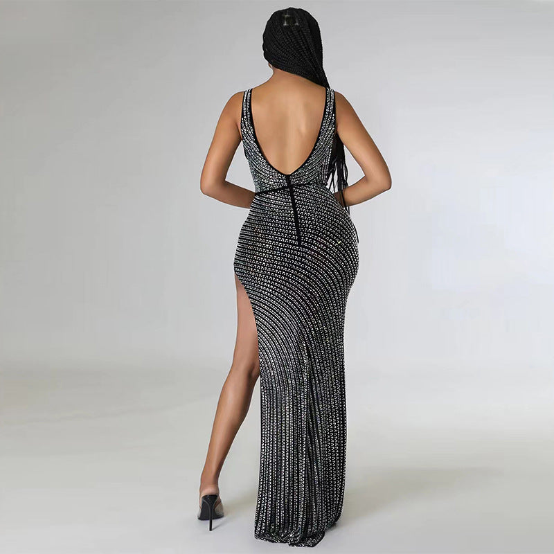 Women Summer Women Beaded Sexy V-neck Mesh See-Through Irregular dress 3