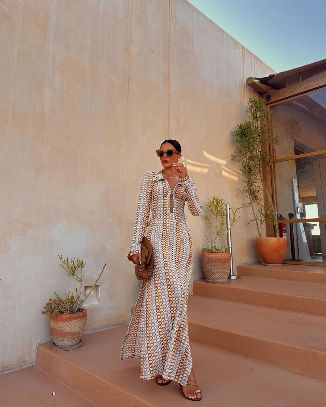 Women crocheted hollow low-cut V-neck slit long dress 8