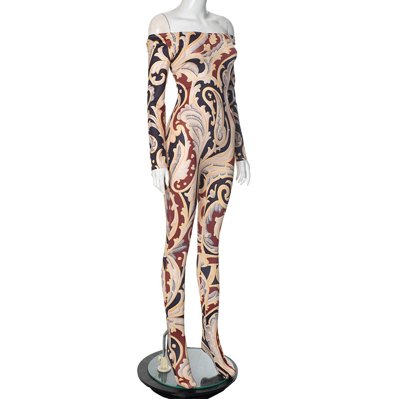 Women summer/fall multi-color print off-shoulder long-sleeved covered jumpsuit 6