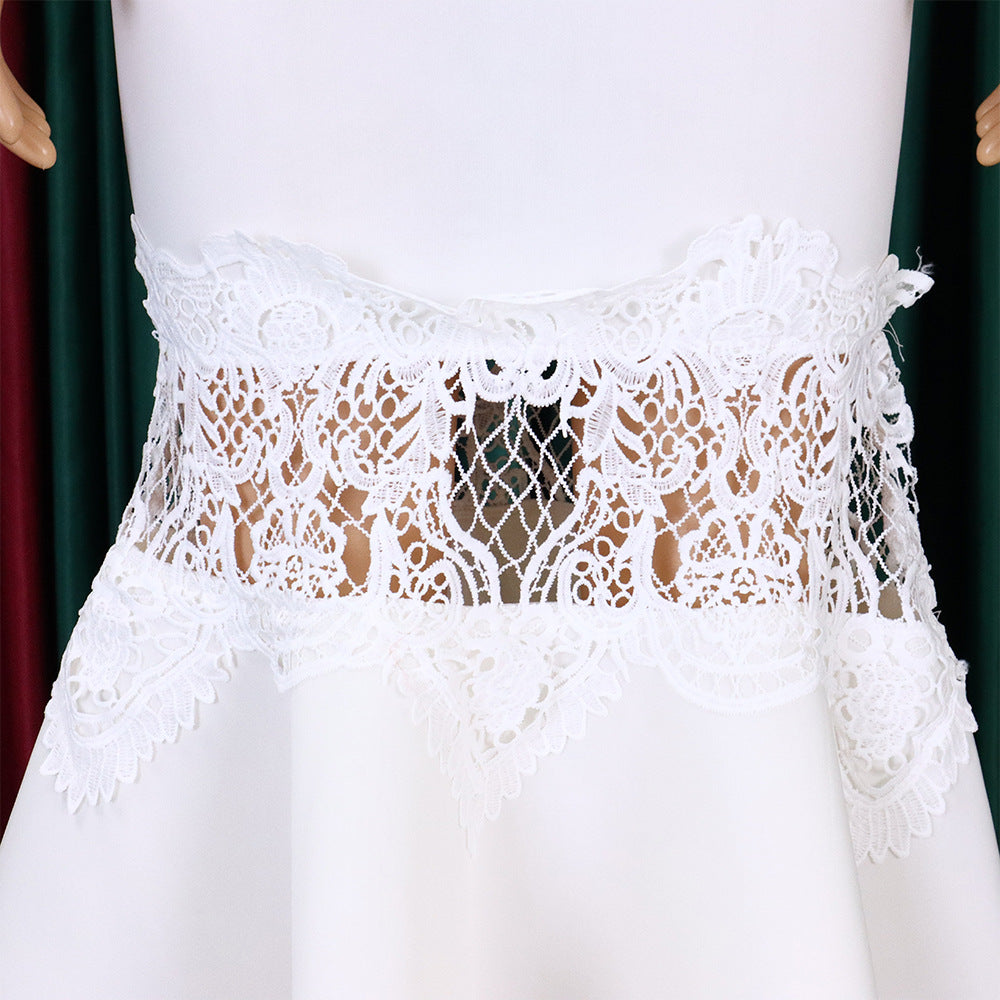 Women Off Shoulder Puff Sleeve Lace Patchwork Formal Party Mermaid Dress 21