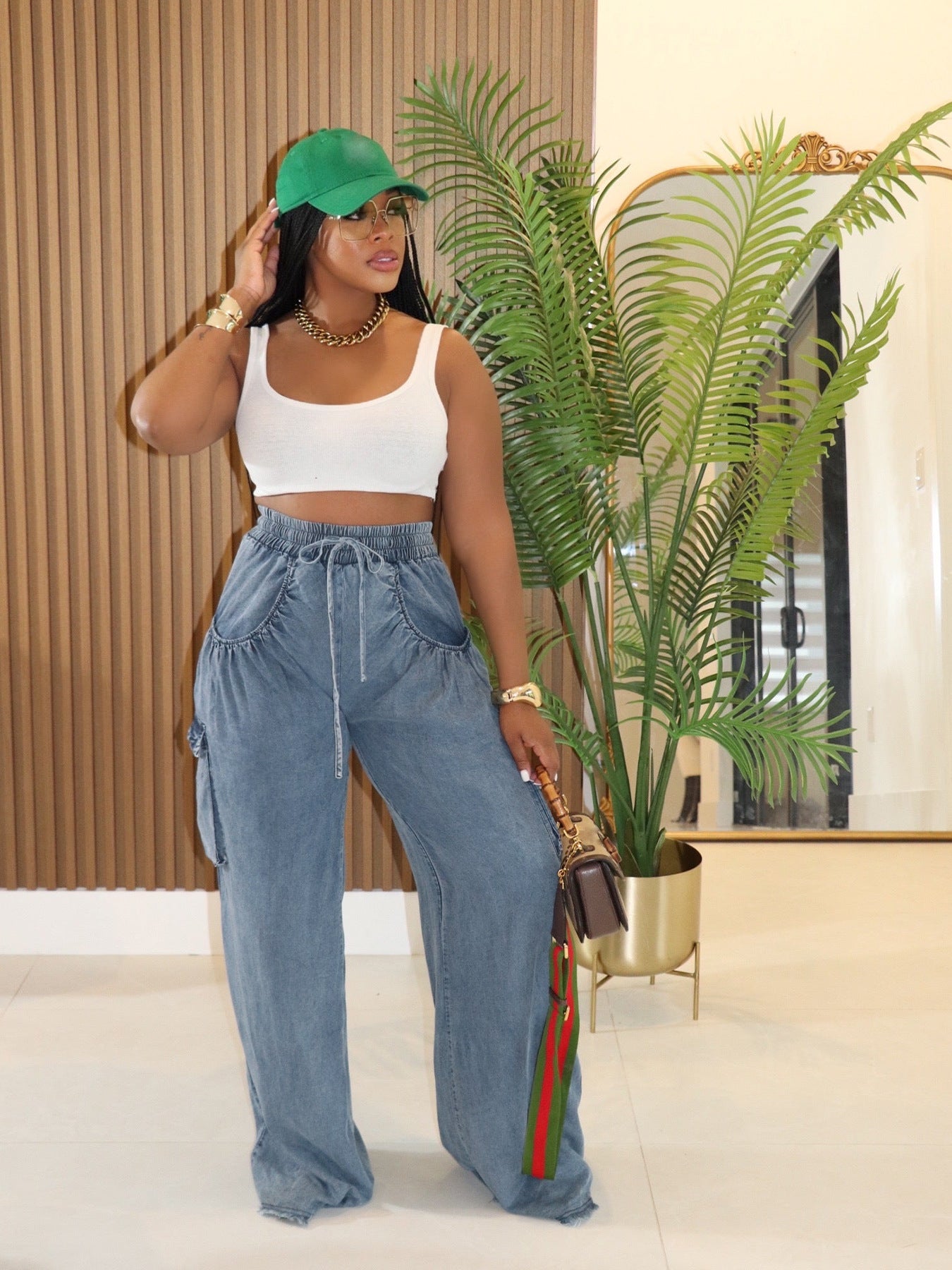 Casual Drawstring Denim Pants Women's  Wide-Leg Cargo Trousers 7