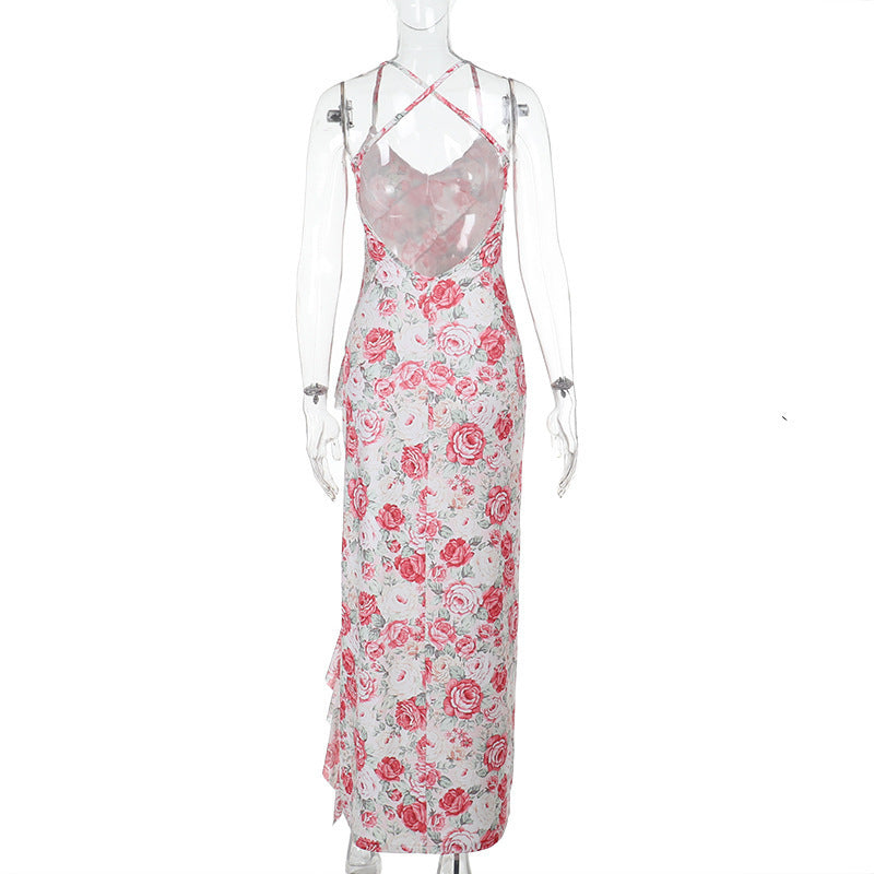 Women Spring Sexy Ruffle Floral Print Slit Dress 9