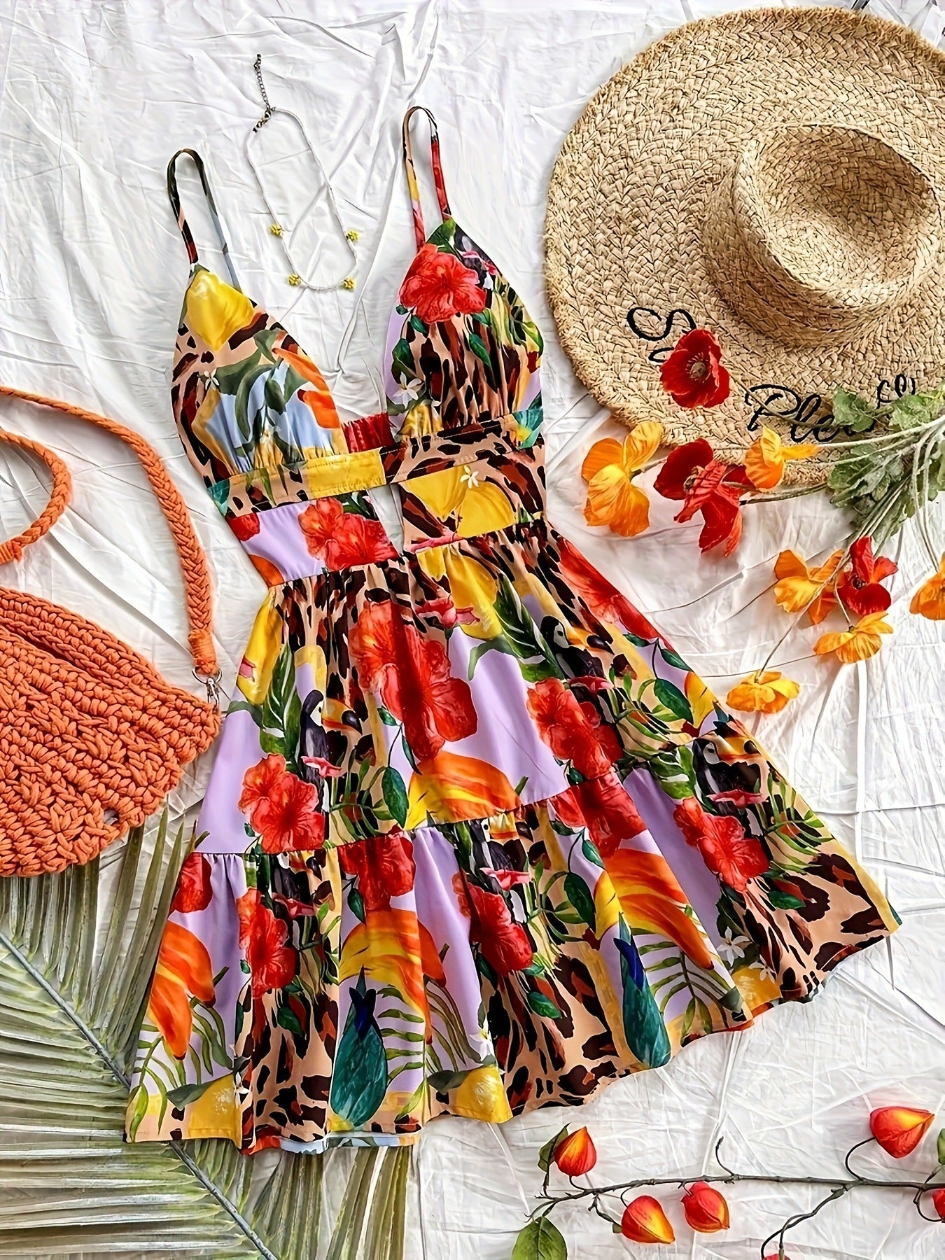 Women flower print hollow suspender V-neck backless sexy holidays beach dress 8