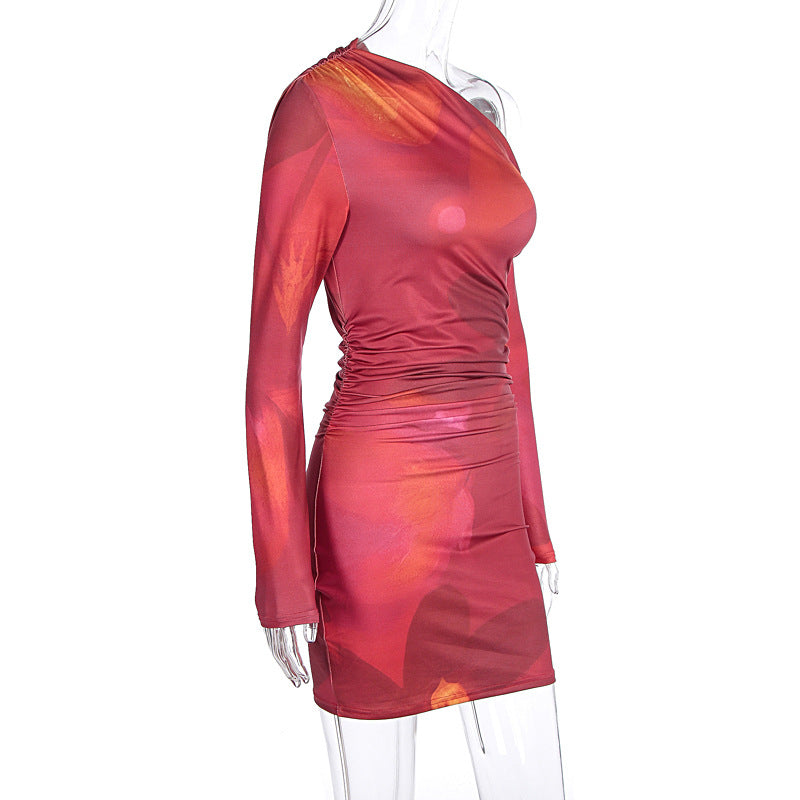 Women's Fall Winter Fashion Printed Slash Shoulder Long Sleeve Slim Bodycon Dress 7