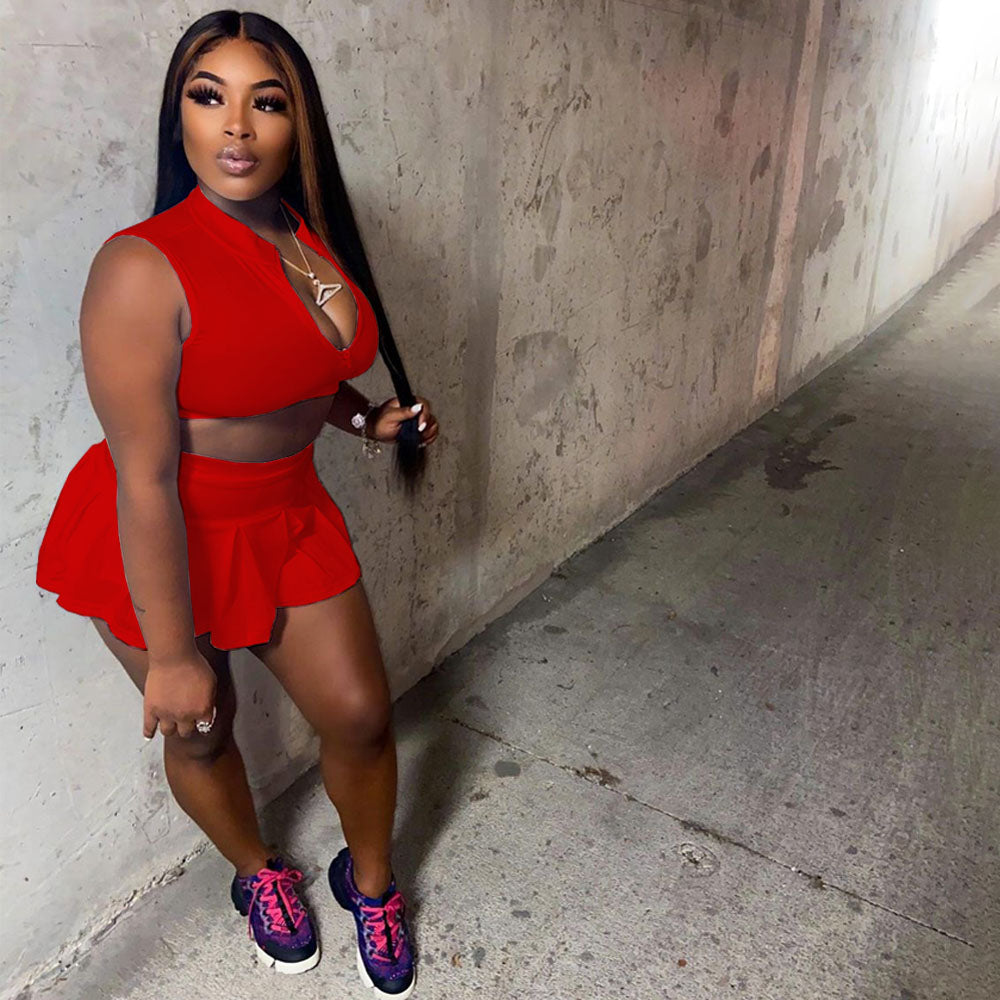 Solid Vest Pleated Skirt Sexy Casual Set 10