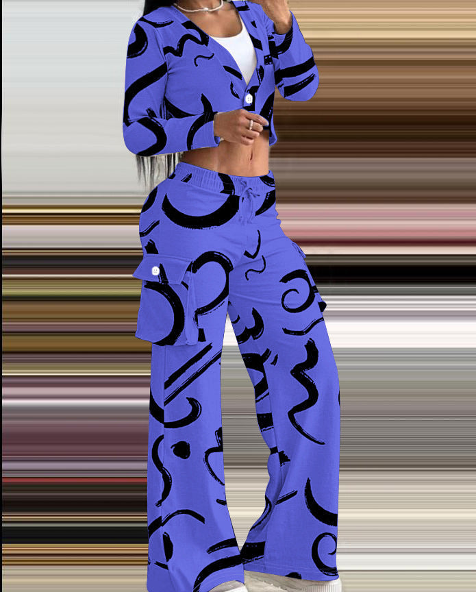 Women Autumn and Winter Geometric Line Print Casual Sexy Short Top and Pant Two-piece Set 5