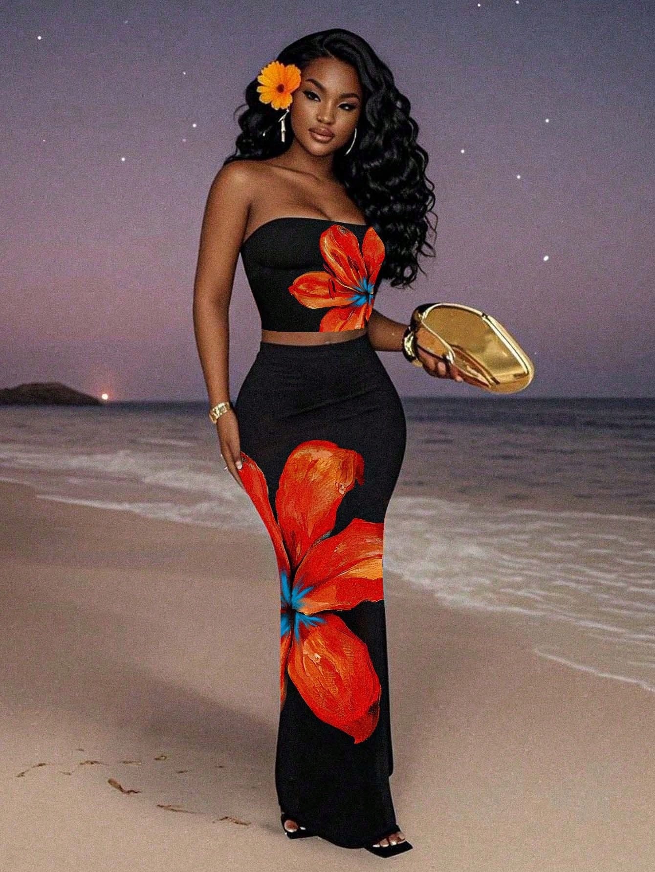 Women Casual Floral Print Sexy Strapless Top and Skirt Two-Piece Set 3