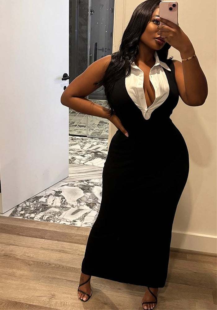 Women Contrast Patchwork Sexy Turndown Collar Sleeveless Bodycon Slit Dress