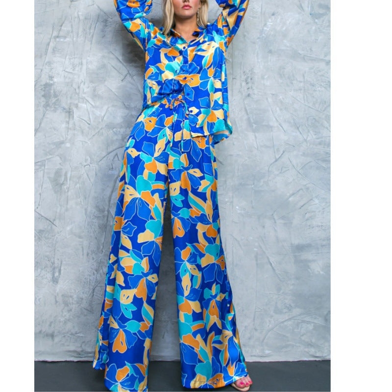 Women's Fashion Printed Puff Long Sleeve Shirt Wide Leg Pants Two-Piece Set 3
