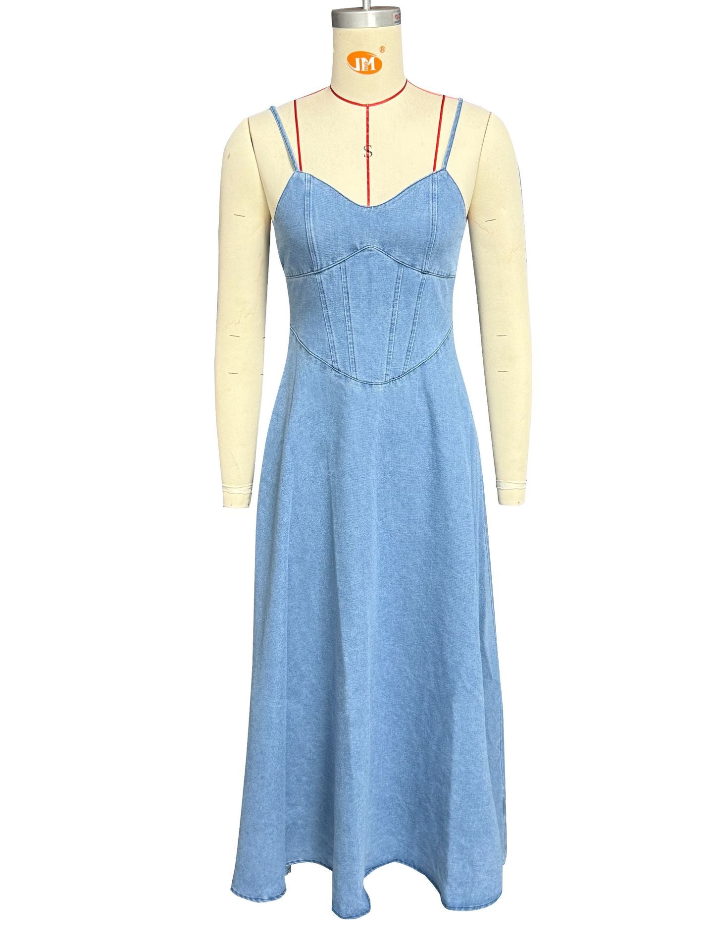 Spring Summer Strap V Neck Denim Long Dress 7