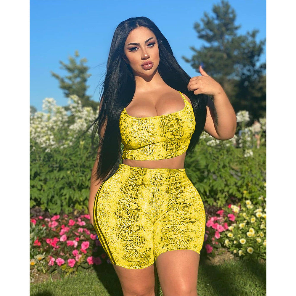 Spring Women's Fashion Casual Snakeskin Pattern Print Two Piece Shorts Set 4