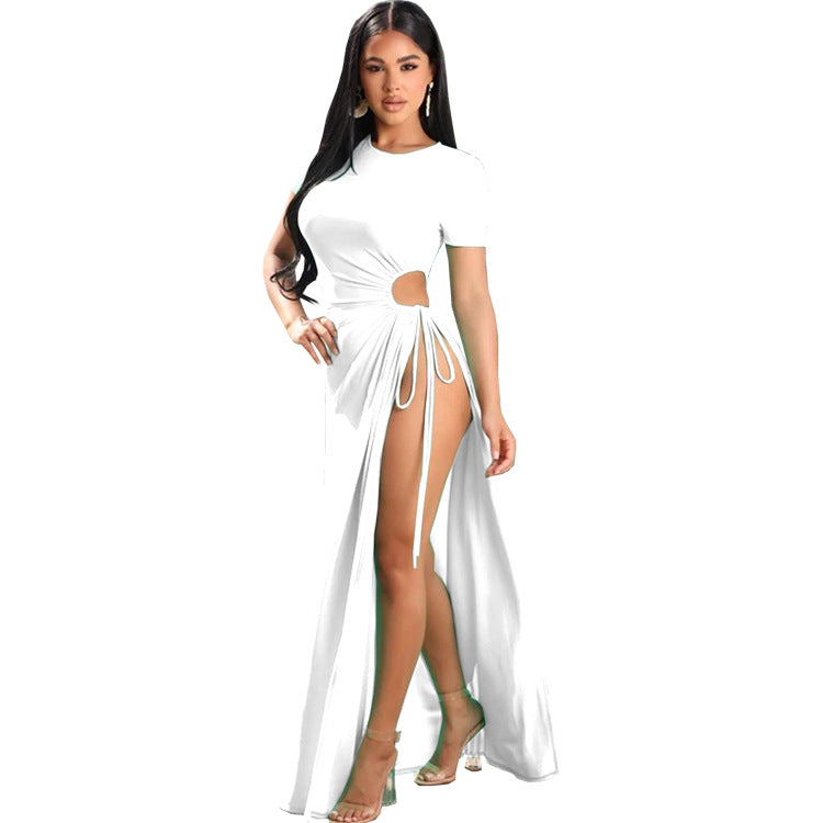 Women Drawstring Lace-up Dress Casual Beach Long Dress 6