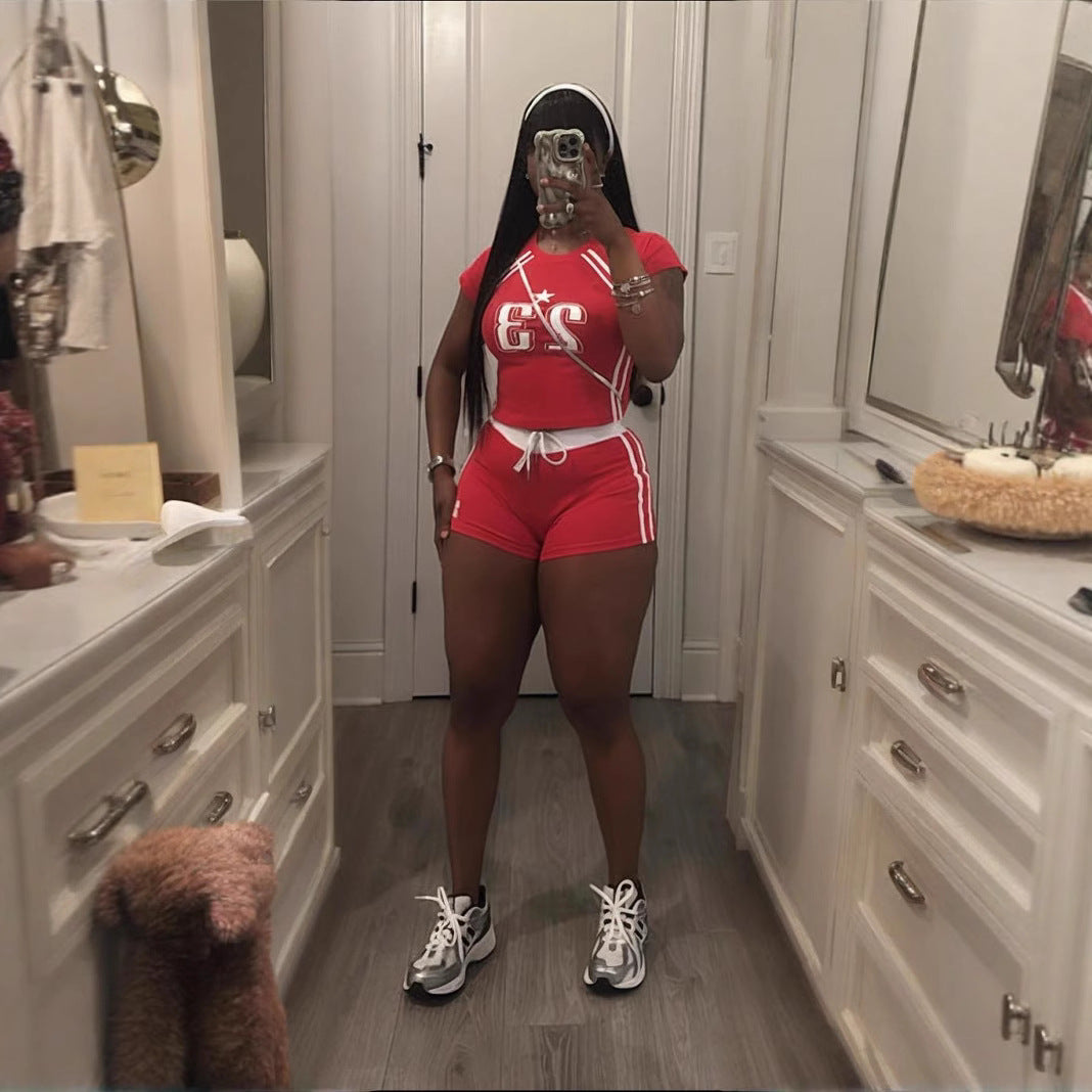 Women Contrast Color Digital Print Short Sleeve Crop Top and Shorts Two Pieces 7