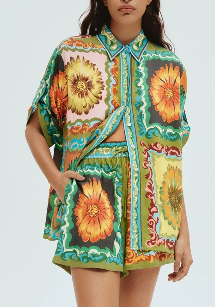 Summer Women's Floral Printed Short Sleeve Shirt Shorts Loose Casual Two Piece Set