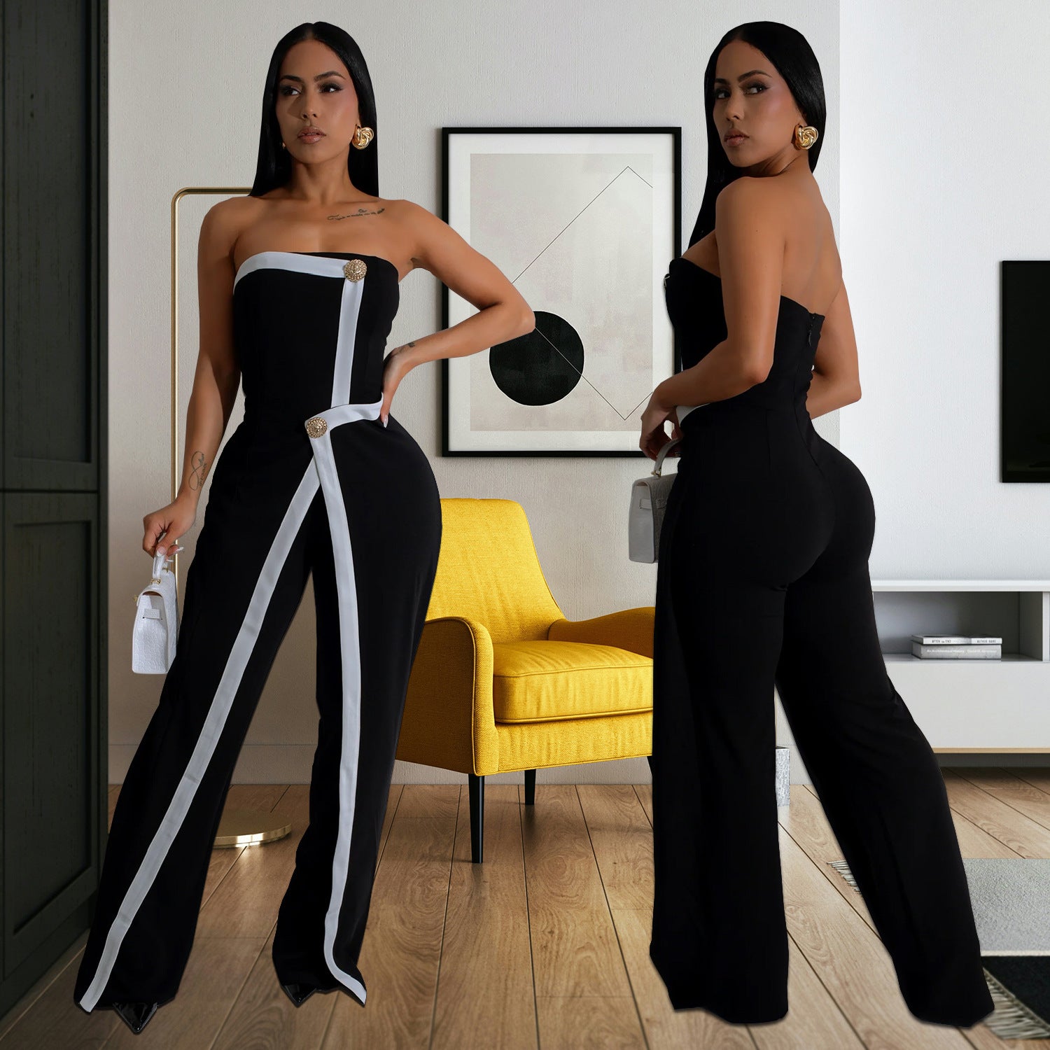 Women Sexy Strapless Backless Button Jumpsuit 3