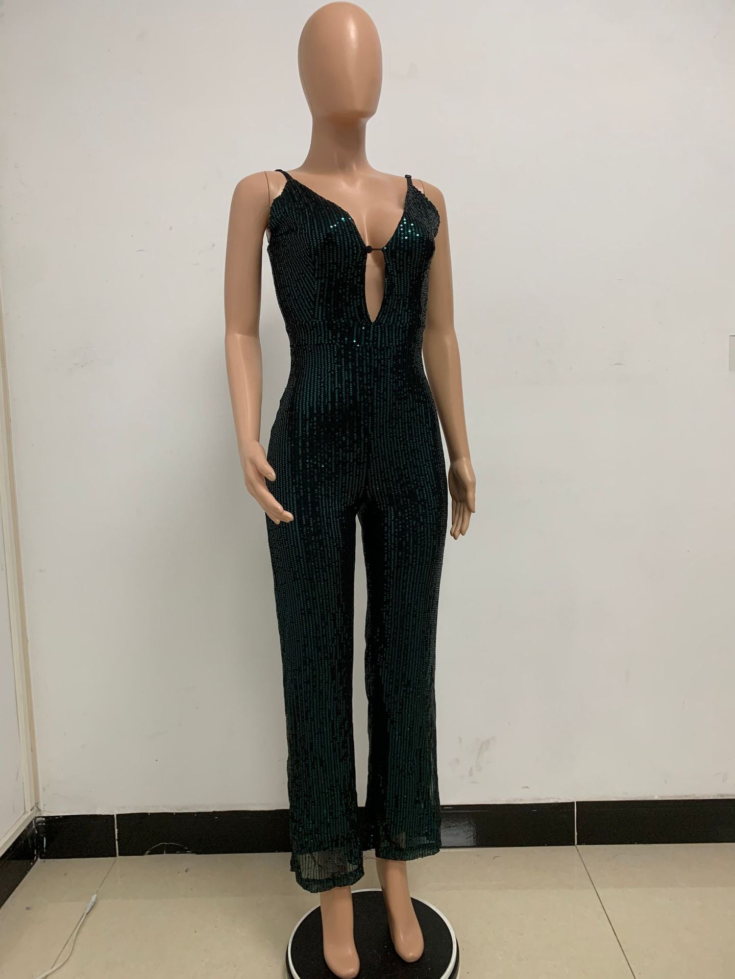 Deep V Neck Low Back Sleeveless Chic Sequined Straps Elegant Women's Party Jumpsuit 87