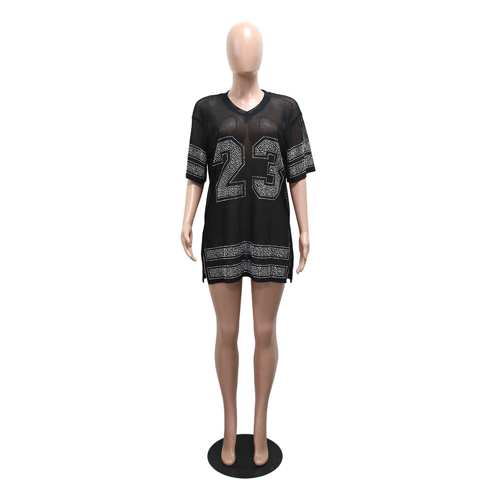 Women See-Through Round Neck Sexy Slit Beaded Top 6