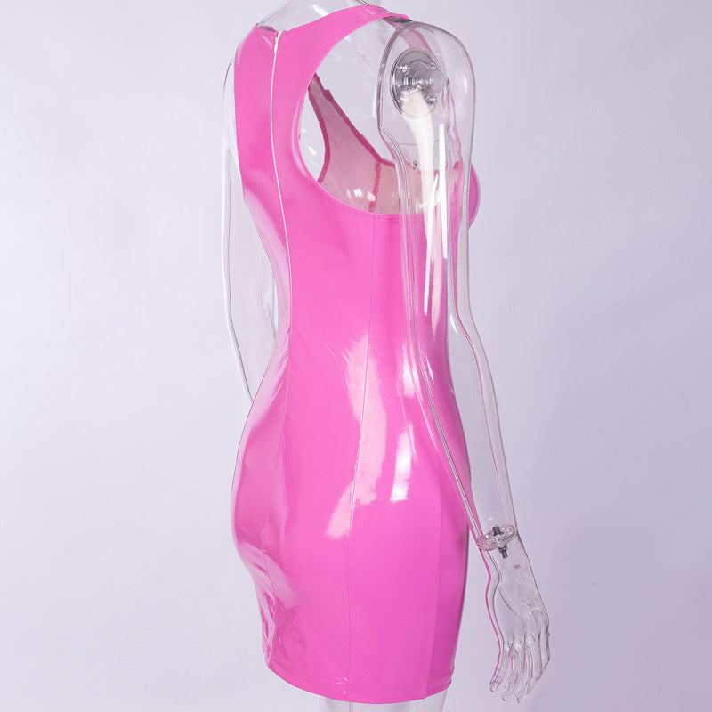 Pu Leather Solid Color Strap Dress Women Tight Fitting Leather Skirt Sexy Sleeveless Leather Bodycon Skirt 18