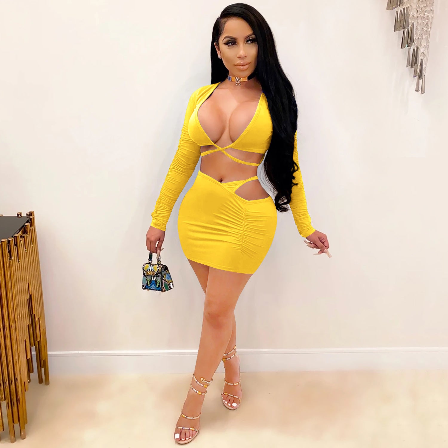 Women Sexy Long-Sleeved Solid Top and Skirt Two-Piece Set 3