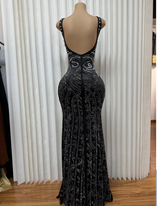 Women solid beaded Bodycon Backless Sexy Slit Dress 4